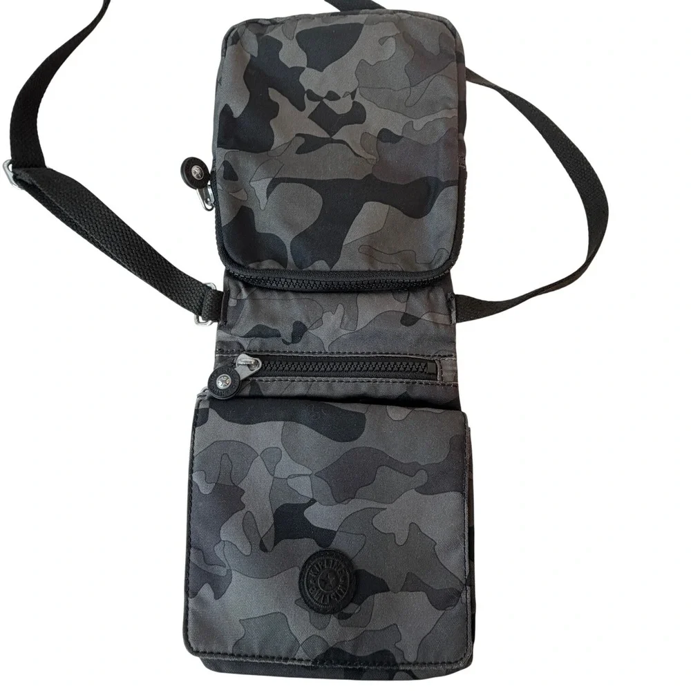 Kipling Grey Camo Small Crossbody Organizer Bag Nylon Adjustable Strap